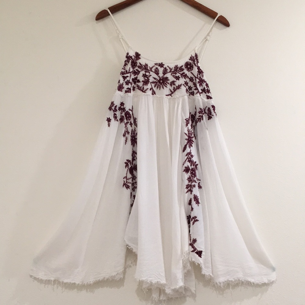 Free People Intimately White With Purple Embroidered Asymmetrical Mini Dress